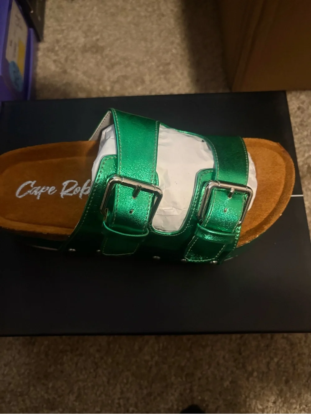 Metallic Green Slide Sandals with Buckles
